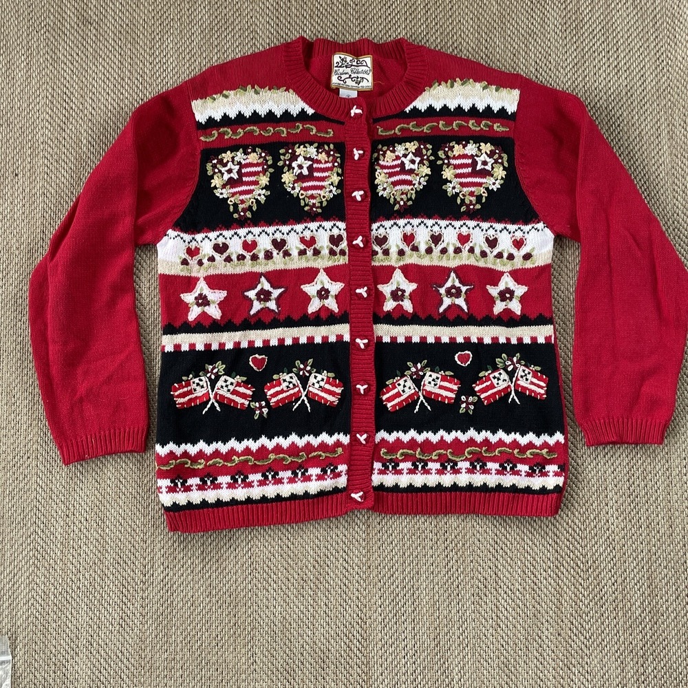 Heirloom Collectibles Patriotic Hearts Flags Cardigan Sweater SZ Medium Red